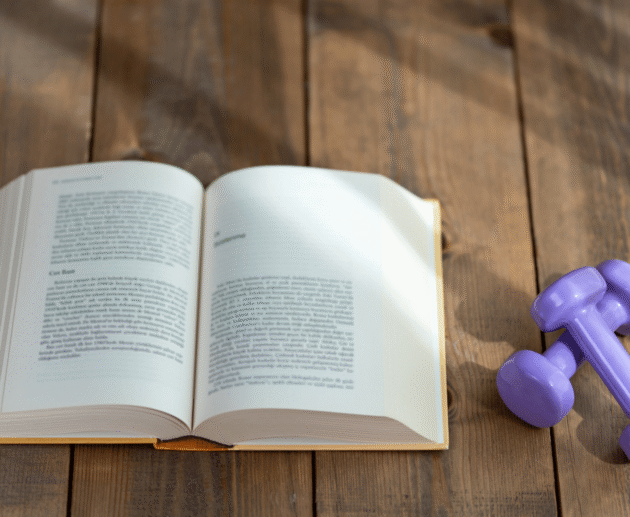 Open book beside dumbbells on a wooden table