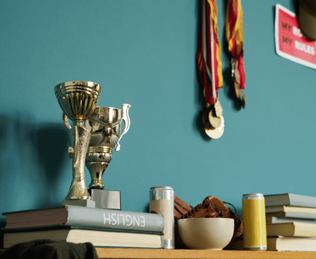 Trophy, medals and a stack of books on a shelf